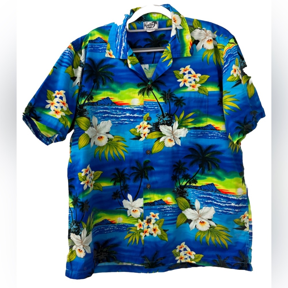 Favant Hawaiian Shirt Men’s L Blue Floral Palm Trees Beach COCONUT Buttons